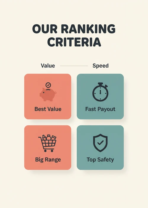 Our ranking criteria for the top 10 $20 deposit casinos — value and speed across best value, big range and top safety.