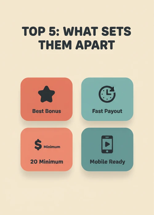 What sets the top 5 $20 deposit casinos apart — best bonus, fast payout, $20 minimum and mobile-ready play.