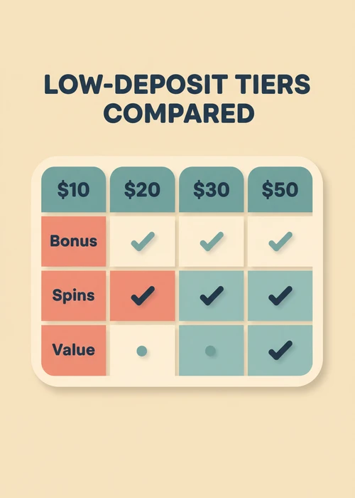 Low-deposit tiers compared at the best $20 deposit casino — $10, $20, $30 and $50 on bonus, spins and value.