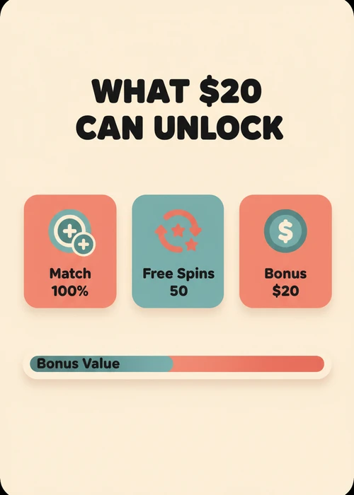 What $20 can unlock at a $20 deposit casino — 100% match, 50 free spins and a $20 bonus value breakdown.